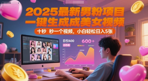 2025最新男粉项目，一键生成美女视频，日引600+色粉 十秒一个视频，小白轻松日入5张【揭秘】-Zv头条