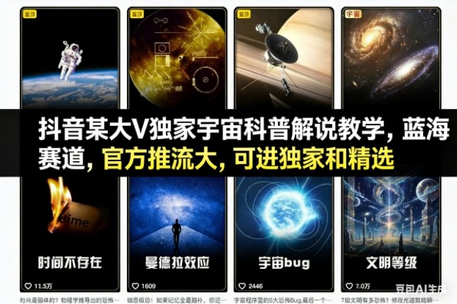 抖音某大V独家宇宙科普解说教学，蓝海赛道，官方推流大，可进独家和精选-站长V课