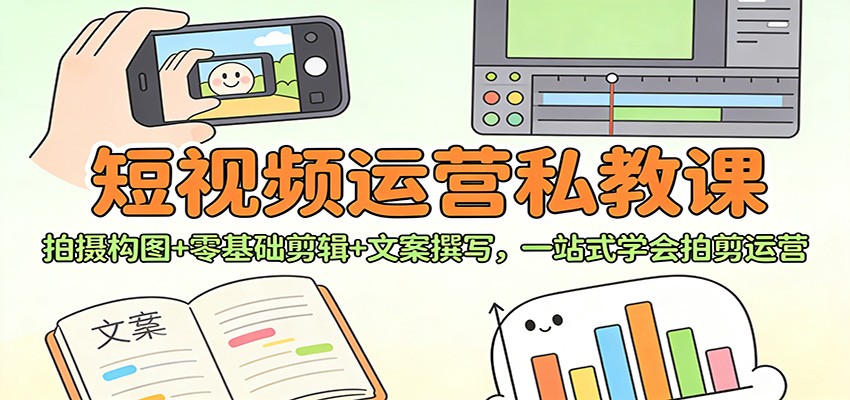短视频运营私教课：拍摄构图+零基础剪辑 +文案撰写，一站式学会拍剪运营-站长V课
