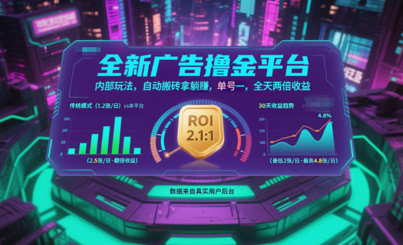 全新广告撸金平台，内部玩法，自动搬砖拿躺賺，单号一天保底2张+，全天两倍收益【揭秘】-站长V课