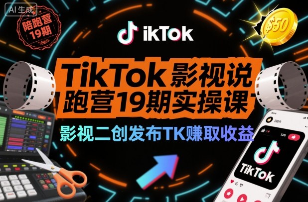 TikTok影视解说陪跑营19期实操课,影视二创发布TK賺取收益,万播收益50美金-站长V课