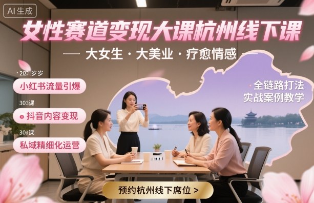 女性赛道变现大课杭州线下，大女生，大美业，疗愈情感，一套小红书、抖音、私域全链路打法-站长V课