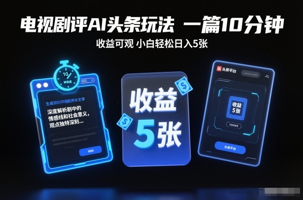 电视剧评AI头条玩法，一篇10分钟，收益可观，小白轻松日入5张+【独家】-站长V课