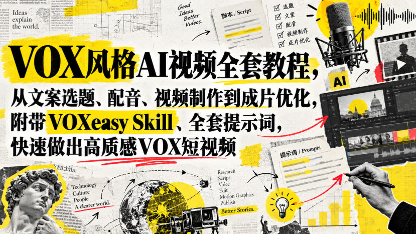 VOX风格AI视频全套教程，从文案选题、配音、视频制作到成片优化，附带VOXeasy Skill、全套提示词，快速做出高质感VOX短视频-站长V课