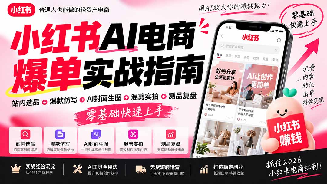 2026小红书AI电商爆单实战指南：站内选品+爆款仿写+AI封面生图+混剪实拍+测品复盘，零基础快速上手-站长V课