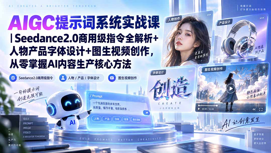 AIGC提示词系统实战课-无水印|Seedance2.0商用级指令全解析+人物产品字体设计+图生视频创作,掌握AI内容生产方法-站长V课
