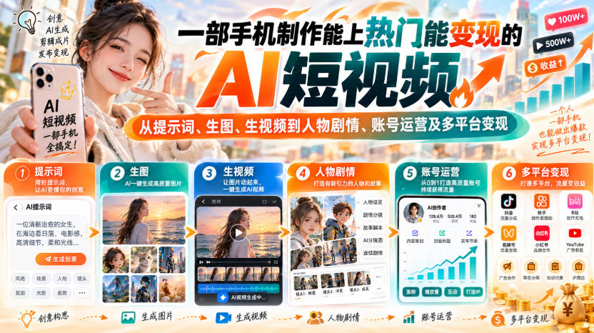 【无水印】一部手机制作能上热门能变现的AI短视频，从提示词、生图、生视频到人物剧情、账号运营及多平台变现-站长V课