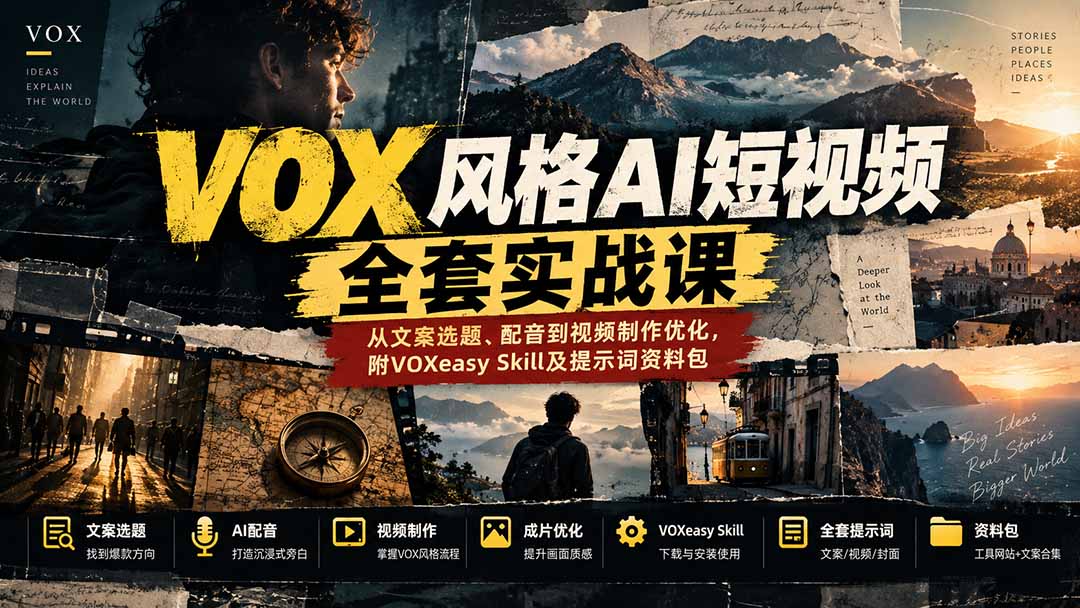 【无水印】VOX风格AI短视频全套实战课：从文案选题、配音到视频制作优化，附VOXeasy Skill及提示词资料包-站长V课