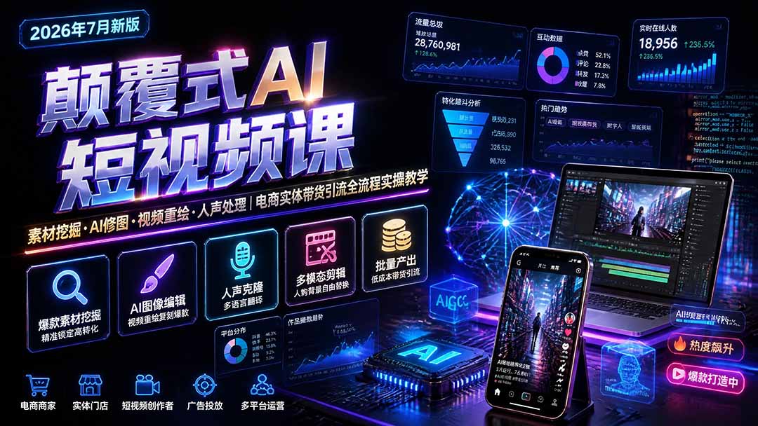 颠覆式AI短视频课-更新|素材挖掘,AI修图,视频重绘,人声处理|电商实体带货引流全流程实操教学-站长V课
