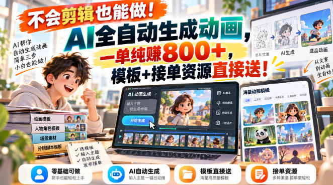 不会剪辑也能做！AI全自动生成动画，一单纯賺800+，模板+接单资源直接送！【揭秘】-站长V课