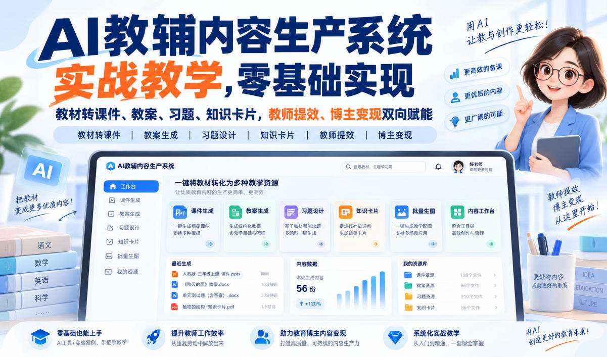 【无水印】AI教辅内容生产系统实战教学，零基础实现教材转课件、教案、习题、知识卡片，教师提效、博主变现双向赋能(更新0926)-站长V课