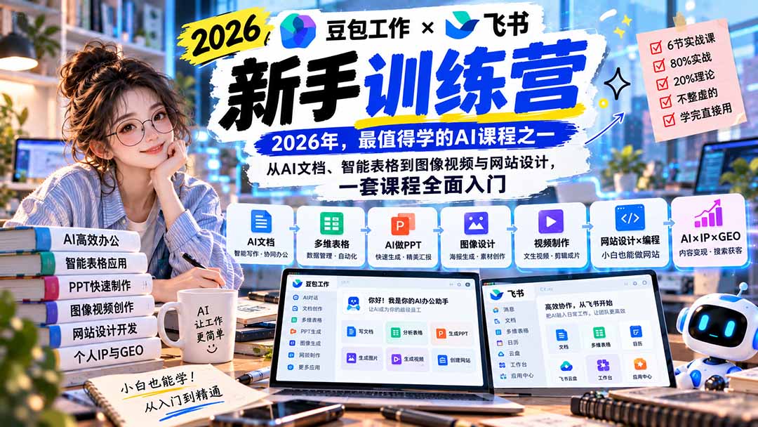 2026豆包工作+飞书新手训练营-9月新课:从AI文档、智能表格到图像视频与网站设计,一套课程全面入门-站长V课