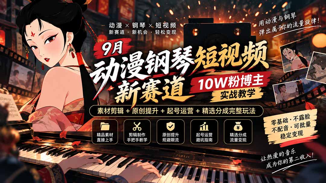 9月动漫钢琴短视频新赛道|10W粉博主实战教学,素材剪辑+原创提升+起号运营+精选分成完整玩法-站长V课