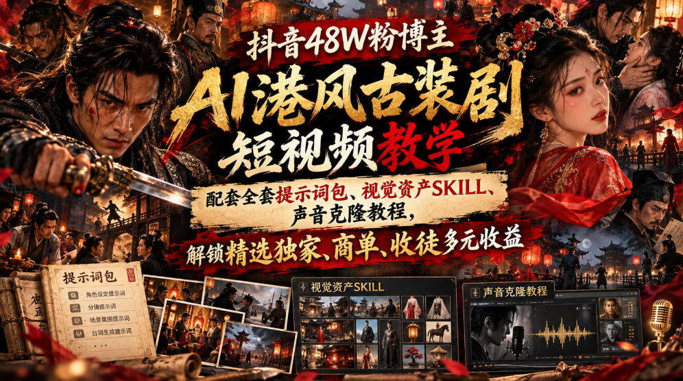 抖音48W粉博主AI港风古装剧短视频教学,配套全套提示词包、视觉资产SKILL、声音克隆教程,解锁精选独家、商单、收徒多元收益-站长V课