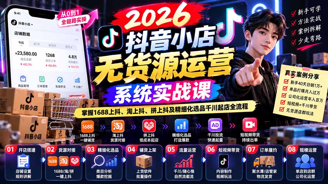 【无水印】2026抖音小店无货源运营系统实战课:掌握1688上抖、淘上抖、拼上抖及精细化选品千川起店全流程-站长V课