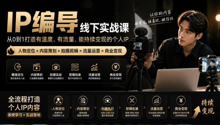 【无水印】IP编导线下实战课，从人物定位到短视频拍摄剪辑，全流程打造有温度、有流量、能持续变现的个人IP内容-站长V课
