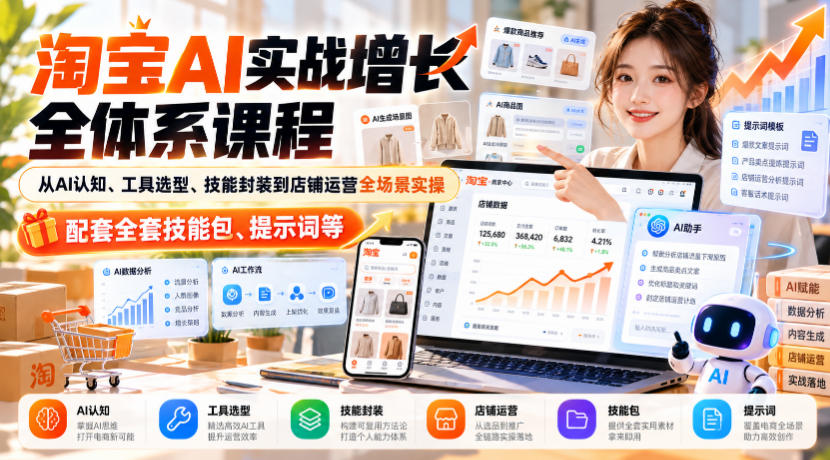 淘宝AI实战增长全体系课程，从AI认知、工具选型、技能封装到店铺运营全场景实操，配套全套技能包、提示词等-站长V课