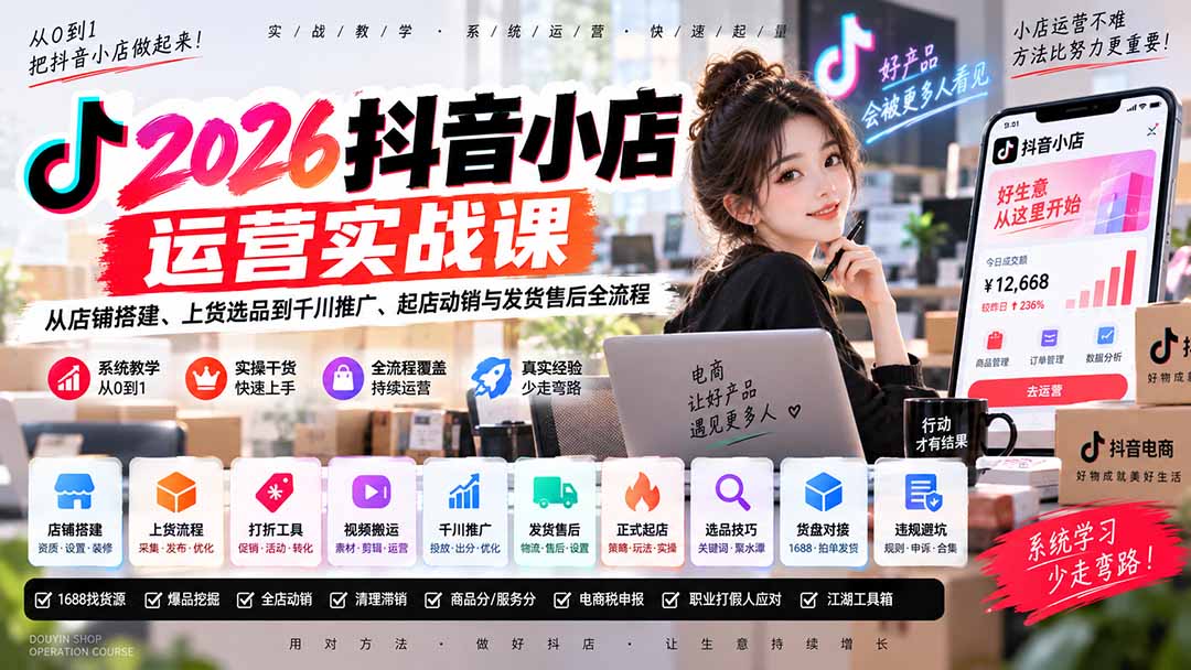 2026抖音小店运营实战课|从店铺搭建、上货选品到千川推广、起店动销与发货售后全流程-站长V课