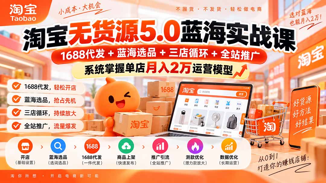 淘宝无货源5.0蓝海实战课-更新0927:1688代发+蓝海选品+三店循环+全站推广,系统掌握单店月入2万运营模型-站长V课