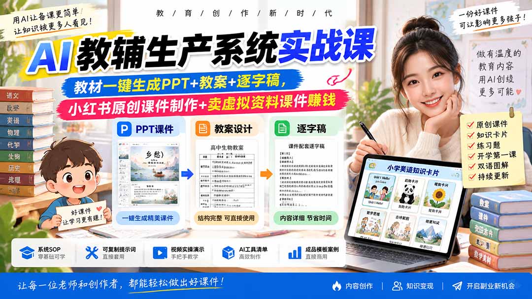 AI教辅生产系统实战课-更新0926｜教材一键生成PPT+教案+逐字稿，小红书原创课件制作+卖虚拟资料课件赚钱-站长V课