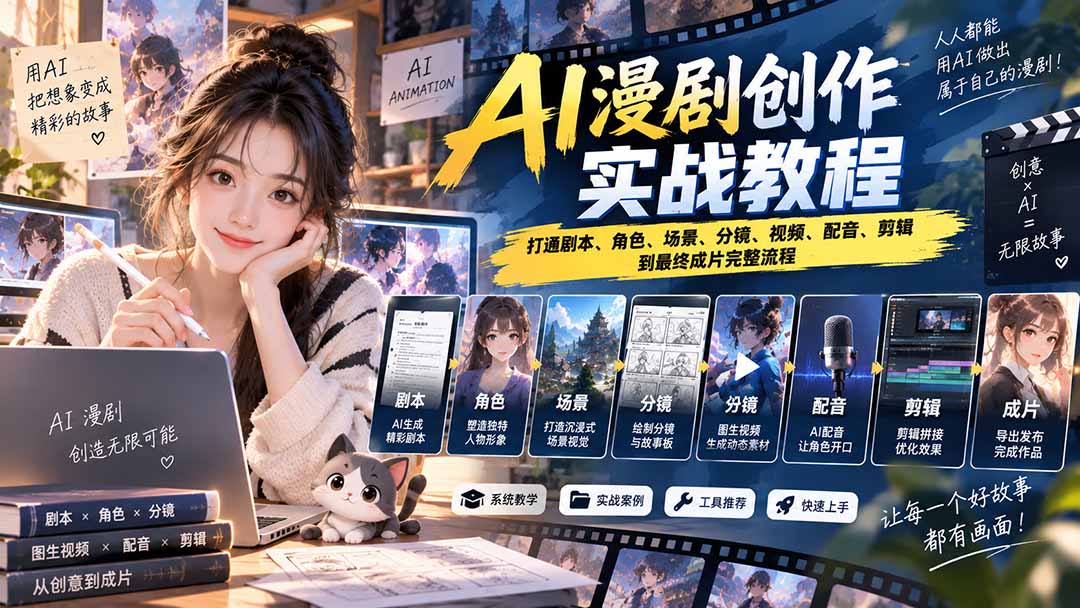 2026 AI漫剧创作实战教程:打通剧本、角色、场景、分镜、视频、配音、剪辑到最终成片完整流程-站长V课