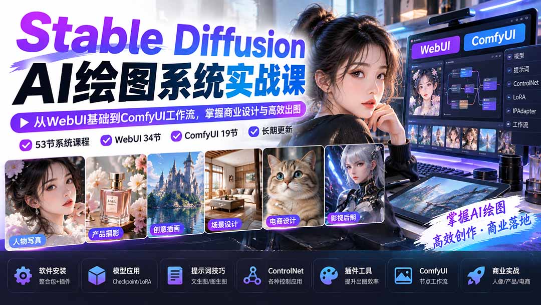 【无水印】Stable Diffusion AI绘图系统实战课：从WebUI基础到ComfyUI工作流，掌握商业设计与高效出图-站长V课