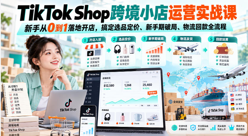 TikTok Shop跨境小店运营实战课，新手从0到1落地开店，搞定选品定价、新手期破局、物流回款全流程-站长V课