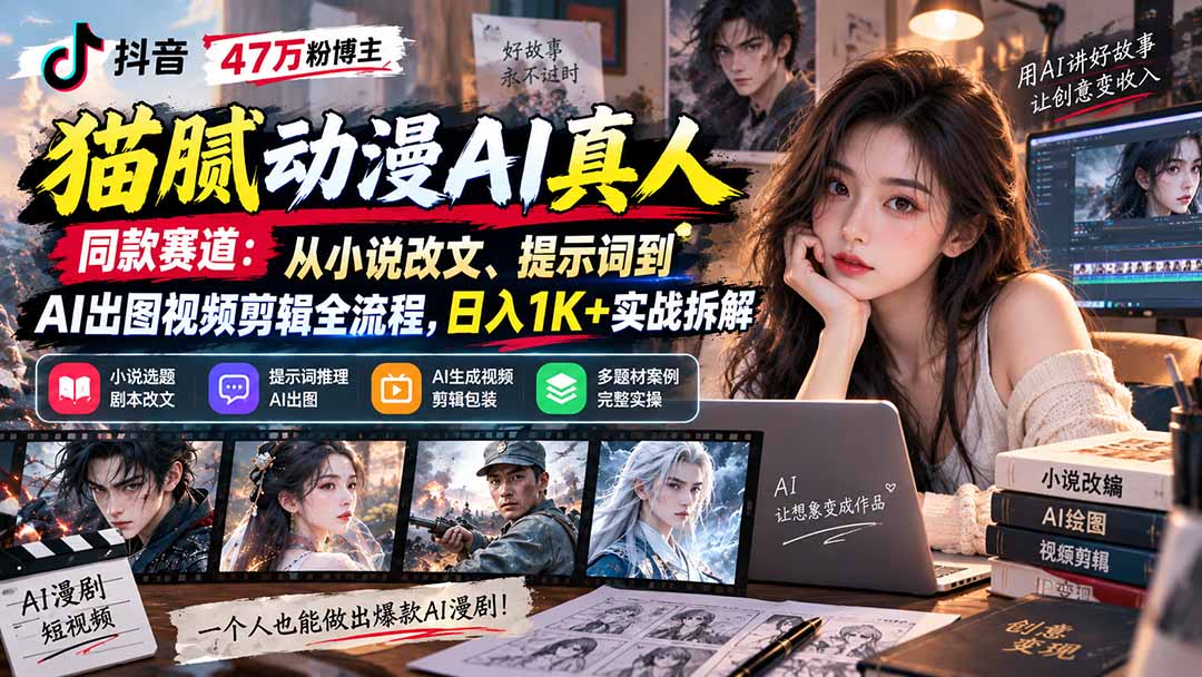 抖音47万粉博主猫腻动漫AI真人同款赛道:从小说改文、提示词到AI出图视频剪辑全流程,日入1K+实战拆解-站长V课