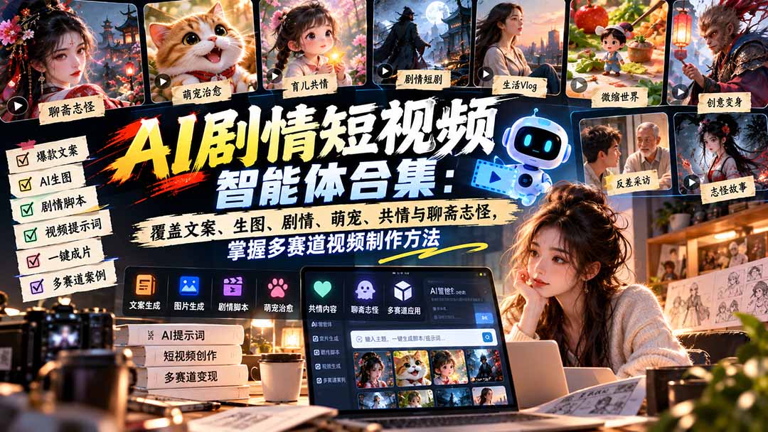 【无水印】AI剧情短视频智能体合集:覆盖文案、生图、剧情、萌宠、共情与聊斋志怪,掌握多赛道视频制作方法-站长V课