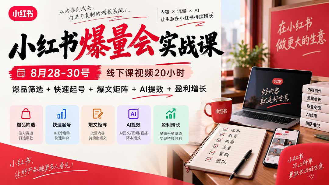 小红书爆量会实战课-更新9月17:线下课视频20小时,爆品筛选+快速起号+爆文矩阵+AI提效+盈利增长-站长V课