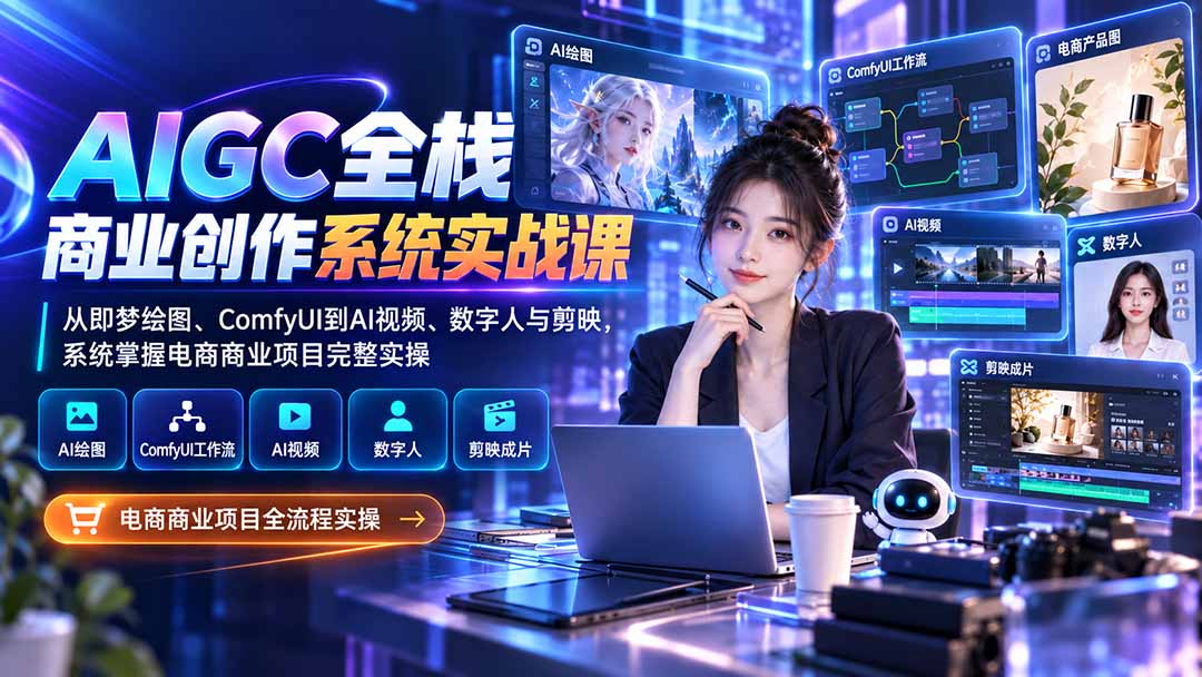 AIGC全栈商业创作系统实战课-无水印:从即梦绘图、ComfyUI到AI视频、数字人与剪映,系统掌握电商商业项目完整实操-站长V课