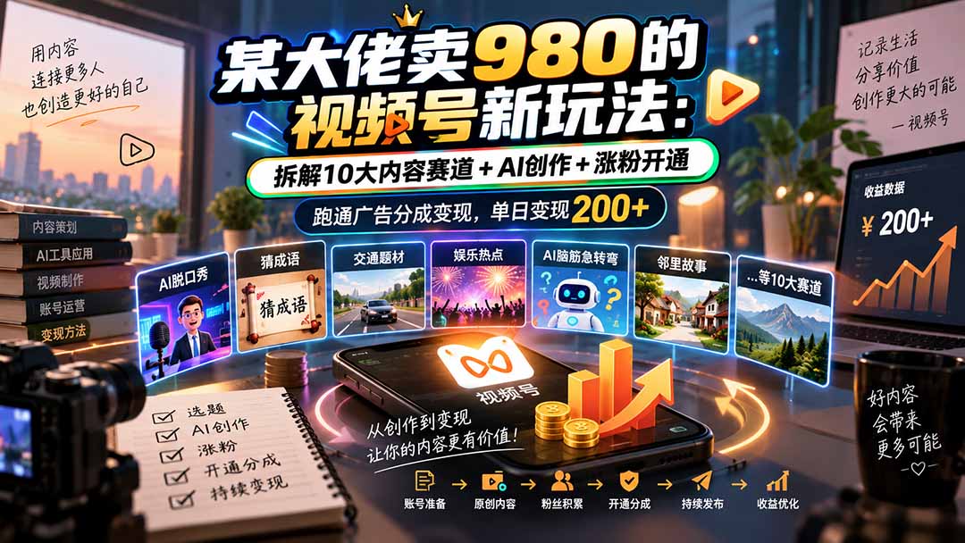某大佬卖980的视频号新玩法:拆解10大内容赛道+AI创作+涨粉开通,跑通广告分成变现,单日变现200+-站长V课