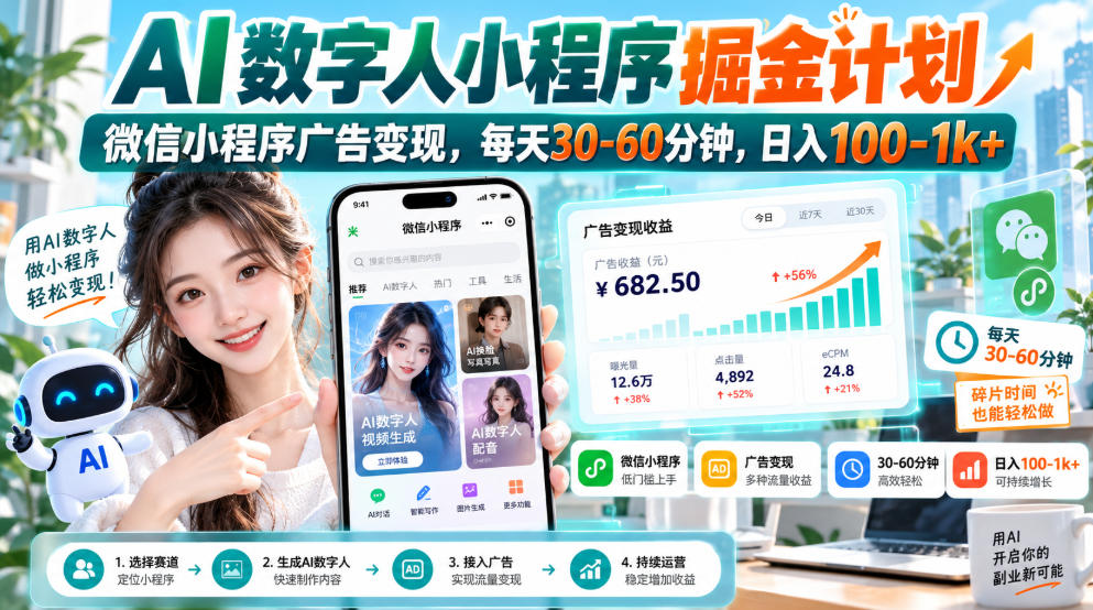 【无水印】AI数字人小程序掘金计划，微信小程序广告变现，每天30‑60分钟，日入100‑1k+-站长V课
