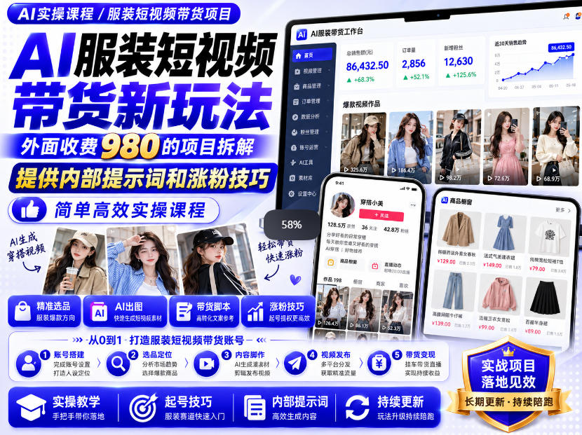 外面收费980AI快手带货系统课程，内部课程首次外放，操作简单高效，一分钟一条爆款视频-站长V课