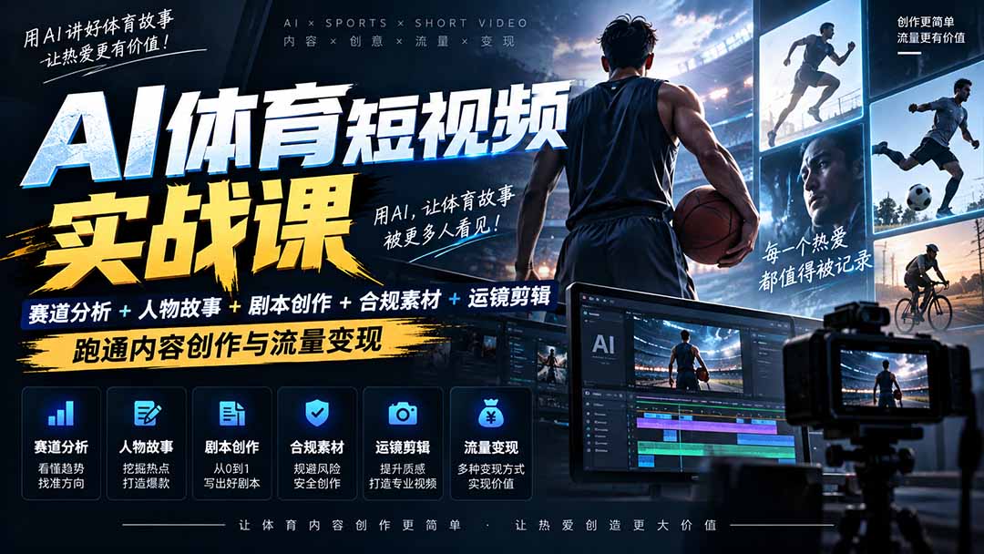 AI体育短视频赛道顶级玩法｜赛道分析+人物故事+剧本创作+版权处理+运镜剪辑，跑通流量变现-日赚1K+-站长V课