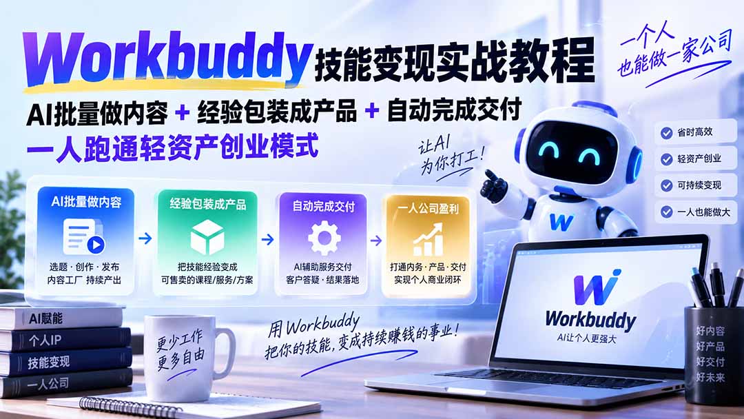 Workbuddy技能变现实战教程:AI批量做内容+经验包装成产品+自动完成交付,一人跑通轻资产创业模式-站长V课