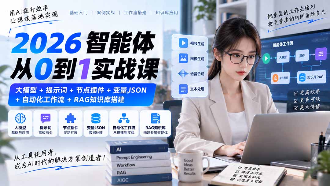 2026智能体从0到1实战课|大模型+提示词+节点插件+变量JSON+自动化工作流+RAG知识库搭建-站长V课
