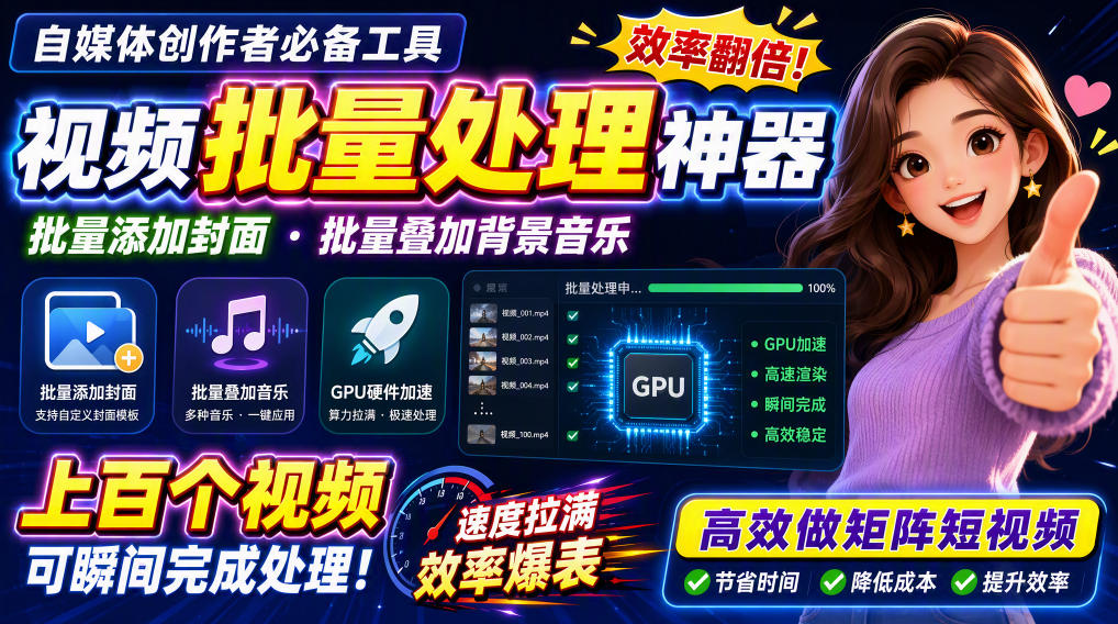 视频批量加封面,把封面添加到视频第一帧,不用剪辑软件批量添加-站长V课