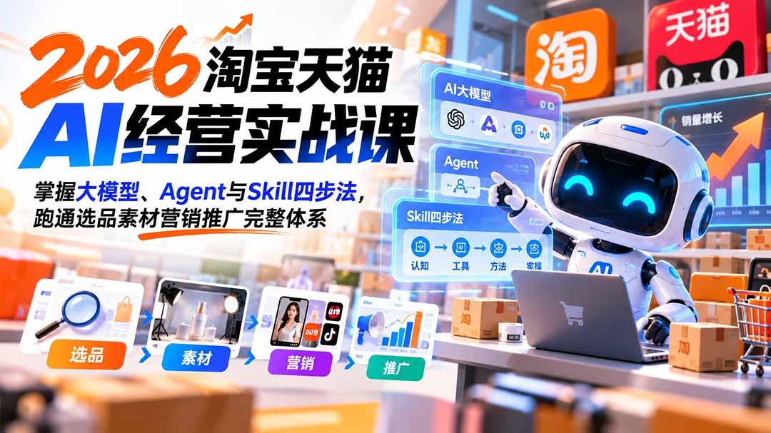 【无水印】2026淘宝天猫AI经营实战课：掌握大模型、Agent与Skill四步法，跑通选品素材营销推广完整体系-站长V课