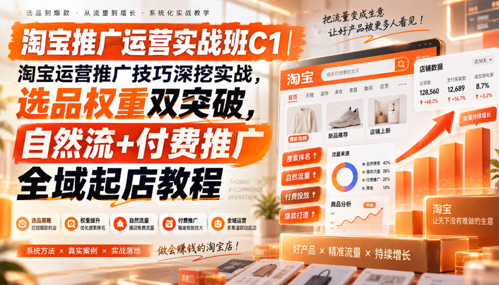 淘宝推广运营实战班C1｜淘宝运营推广技巧深挖实战，选品权重双突破，自然流+付费推广全域起店教程-站长V课