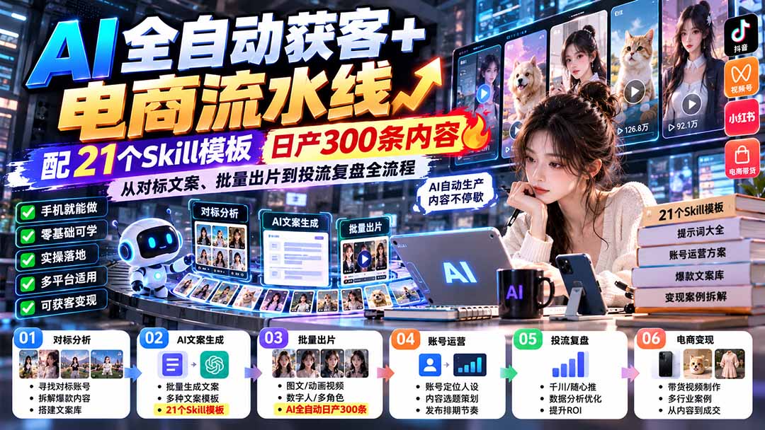 【无水印】AI全自动获客+电商流水线：配21个Skill模板，日产300条内容，从对标文案、批量出片到投流复盘全流程-站长V课