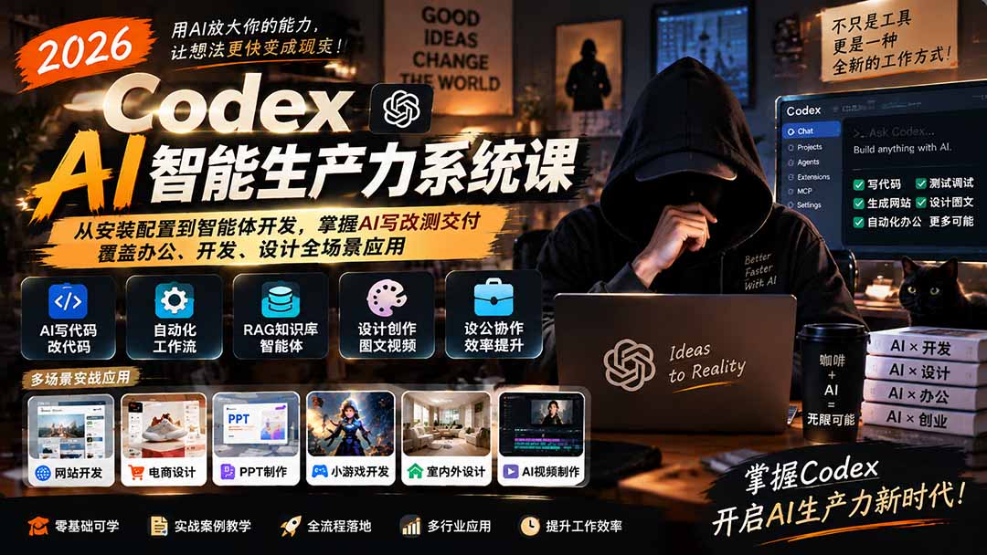 2026 Codex AI智能生产力系统课-更新|从安装配置到智能体开发,掌握AI写改测交付,覆盖办公、开发、设计全场景应用-站长V课