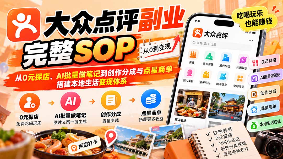 【无水印】大众点评副业完整SOP：从0元探店、AI批量做笔记到创作分成与点星商单，搭建本地生活变现体系-站长V课