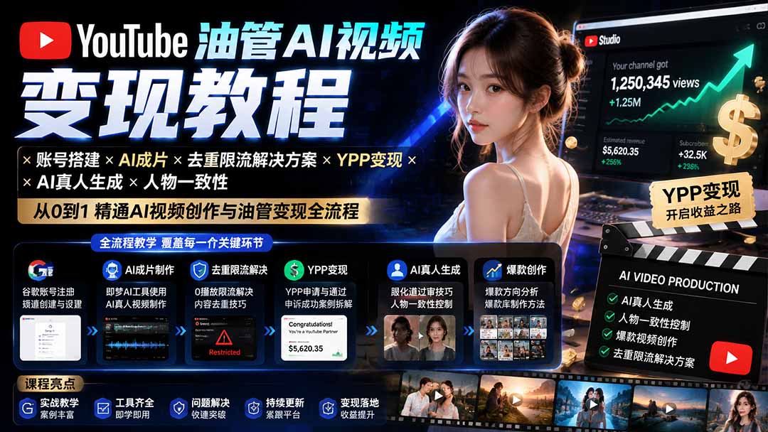 YouTube油管AI视频变现教程-更新0926：账号搭建×AI成片×去重限流解决方案×YPP变现×AI真人生成×人物一致性-站长V课