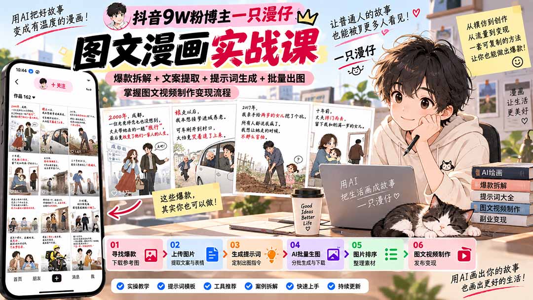 抖音9W粉博主一只漫仔图文漫画课:爆款拆解+文案提取+提示词生成+批量出图,掌握图文视频制作变现流程-站长V课