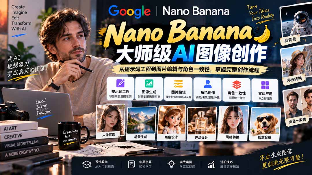 【无水印】Nano Banana大师级AI图像实战课:从提示词工程到图片编辑与角色一致性,掌握完整创作流程-站长V课