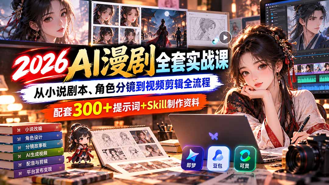 【无水印】2026AI漫剧全套实战课：从小说剧本、角色分镜到视频剪辑全流程，配套300+提示词+Skill制作资料-站长V课