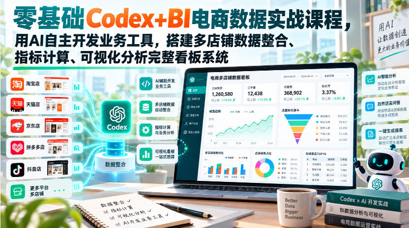 零基础Codex+BI电商数据实战课程，用AI自主开发业务工具，搭建多店铺数据整合、指标计算、可视化分析完整看板系统-站长V课