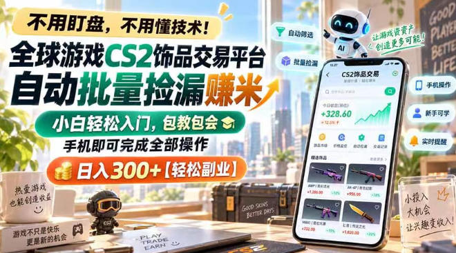 全球游戏CS2饰品交易平台自动批量捡漏賺米，小白轻松入门，包教包会，手机即可完成全部操作，日入300+【揭秘】-站长V课
