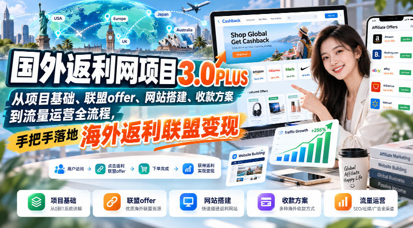 国外返利网项目3.0PLUS，从项目基础、联盟offer、网站搭建、收款方案到流量运营全流程，手把手落地海外返利联盟变现-站长V课